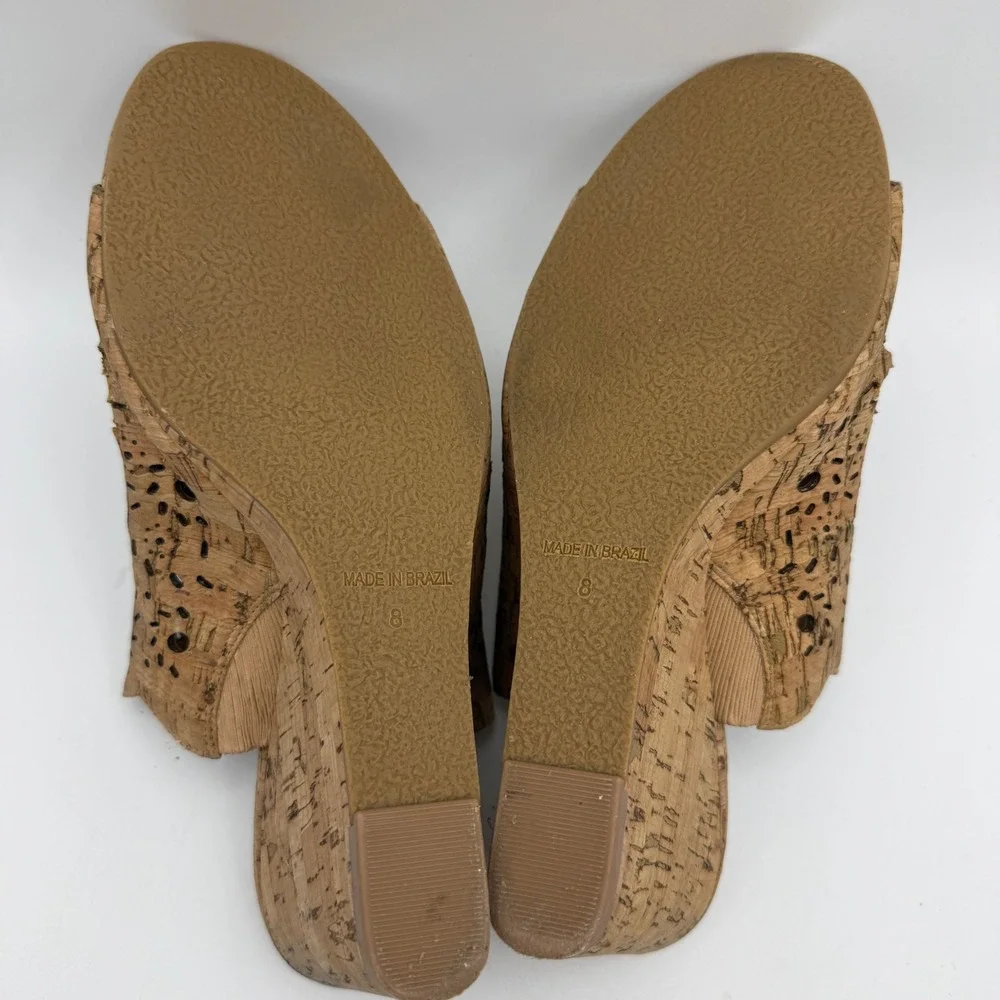 Jack Rogers‎ Wedge Sandals Womens 8 Tan Cork Laser Cut Scalloped Peep Toe Mules